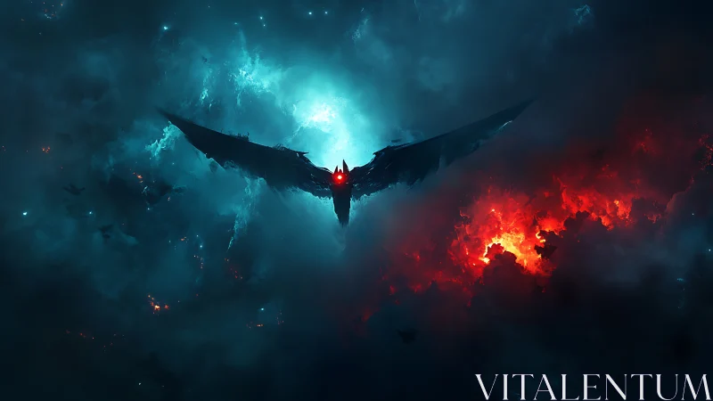 Winged void splits turquoise storm from burning nebula