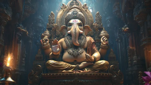 Majestic Ganesha idol in luminous gold temple sanctuary.