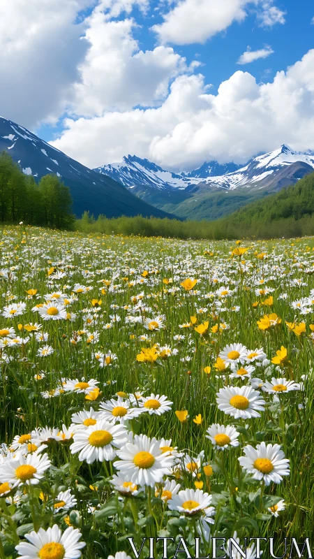 Alpine wildflower meadow under snowcapped mountain peaks.