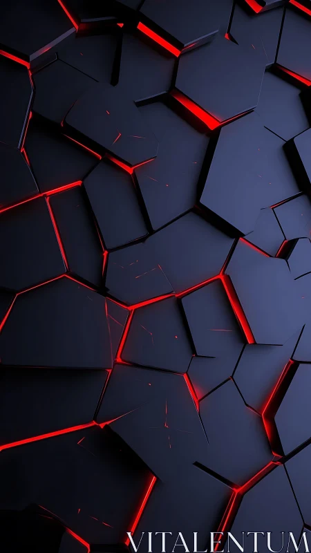 Hexagonal black panels with red backlit seams in perspective