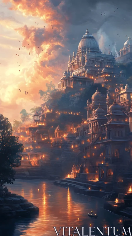 Golden riverfront temple city glowing in gentle twilight.