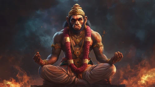 Mythic simian deity in meditative pose amid fiery aurora