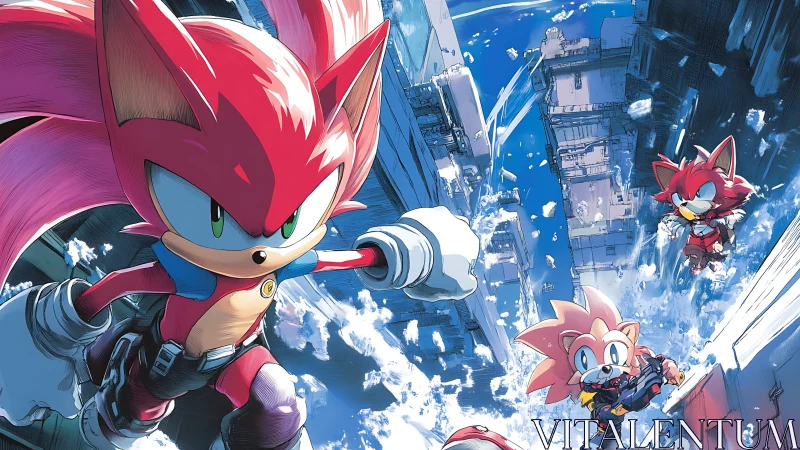 Crimson hedgehog heroes dive through shattered sky city.