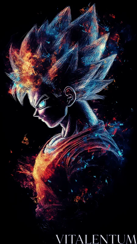 Energetic anime warrior rendered in neon fractal brush strokes