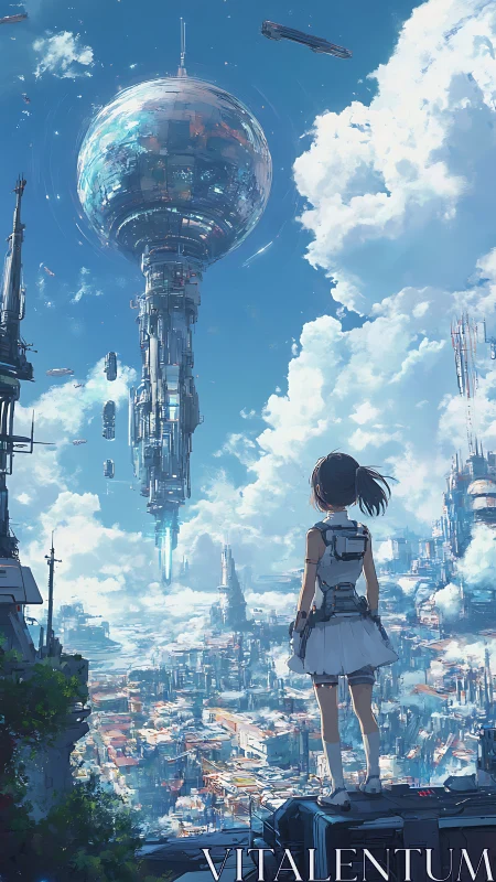 Girl overlooks vertical sci fi city with floating sphere tower