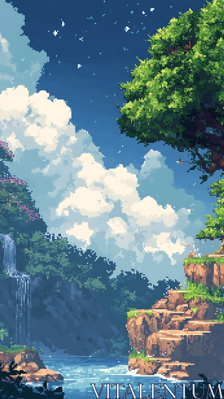 Pixel art river canyon with waterfalls and luminous cloudscape.