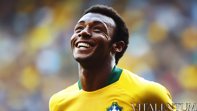 Smiling football player in yellow jersey looks upward