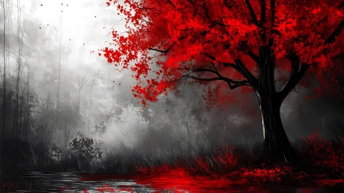 Red maple dominates monochrome misty forest in stylized contrast
