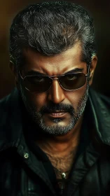 Steely gaze of a silver‑haired rebel in dark shades.