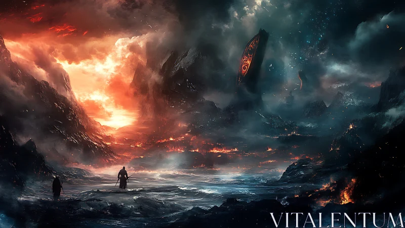 Apocalyptic lava landscape frames lone warriors in epic vista