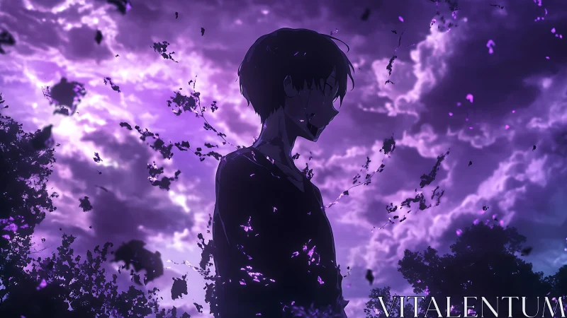 Silhouetted anime figure dissolving in violet storm sky.