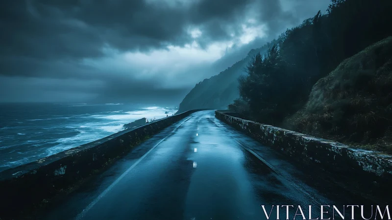 Stormy coastal road under dark clouds at twilight.