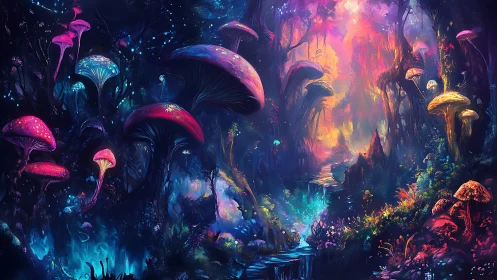Luminous fantasy forest of towering neon mushrooms at dusk.
