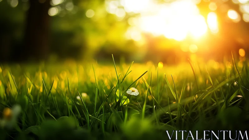 Backlit macro lawnscape with single white wildflower at sunset