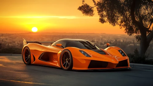 Orange hypercar dominates sunset hillside city overlook.