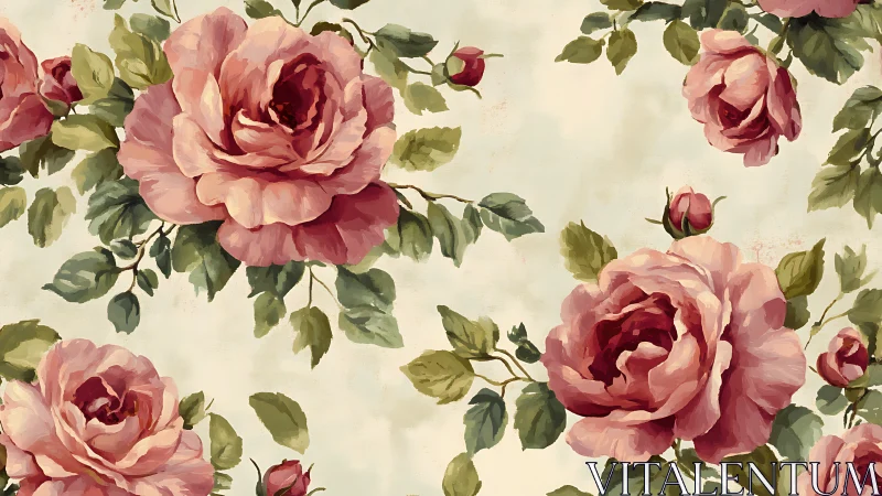 Pink and Crimson Roses on Cream Background Pattern