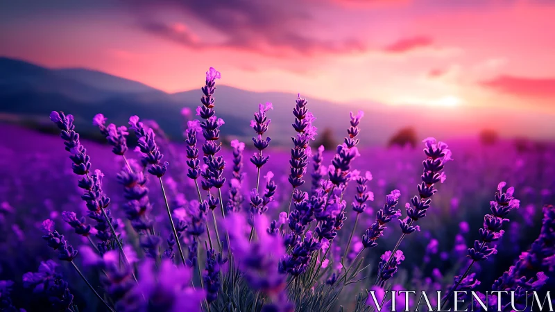 Lavender field under vivid pink and purple sunset sky.