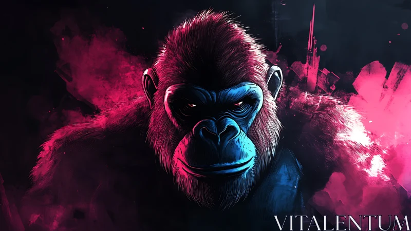 Gorilla portrait rendered in neon magenta and cyan lighting