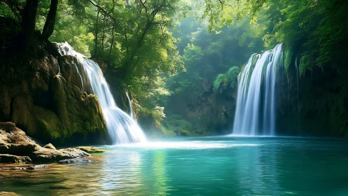 Twin waterfalls whisper through emerald forest light