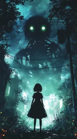 Midnight alley standoff with a glowing-eyed forest colossus.