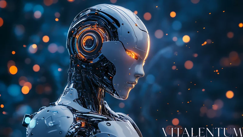 Cinematic chrome android profile with glowing amber optics.