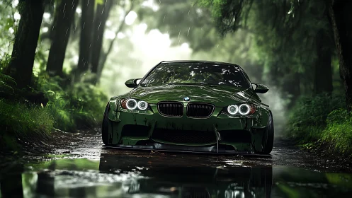 Lowered green BMW coupe idles in a rain-soaked forest lane.