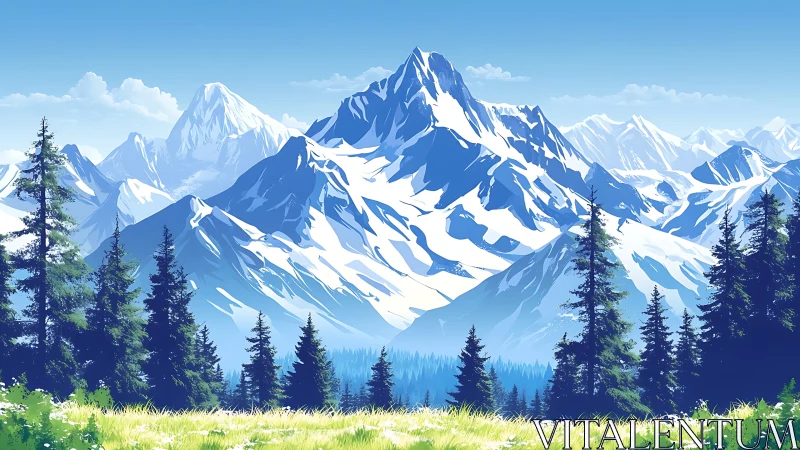 Snow-covered mountain range rises behind dense pine forest