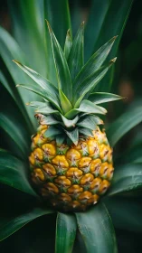 Sunlit pineapple nestled in glossy, emerald green leaves.