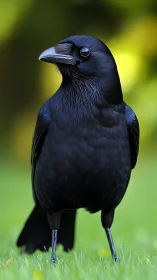Raven Perched Against Luminous Green Backdrop.