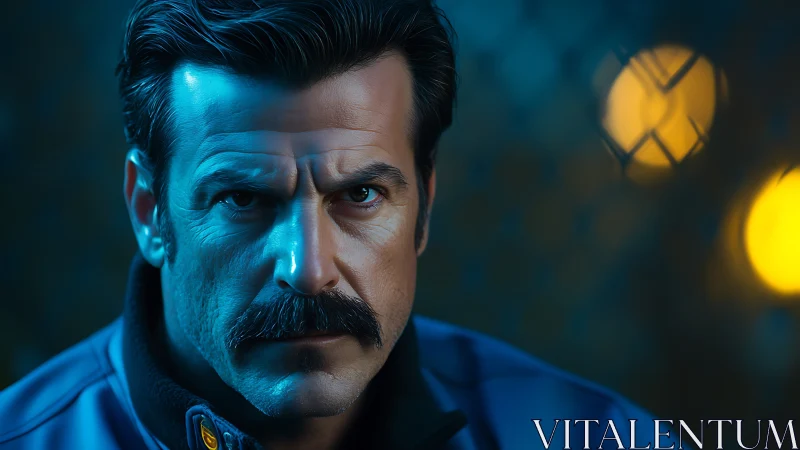 Steel-eyed guardian in neon glow studies the unseen night.