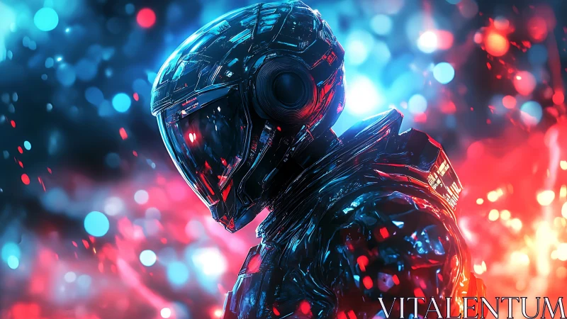 Neon-lit cyber soldier stands amid glowing blue and red flares.