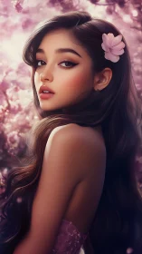 Dreamy cherry blossom portrait of girl in rose haze.