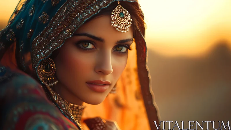 Golden sunset embraces a woman in ornate traditional veil