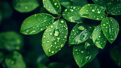 Rain-kissed emerald leaves glow in a hush of forest calm.