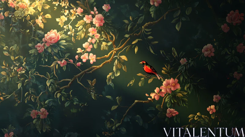 Scarlet songbird rests on sunlit branch among pink blossoms