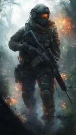 Armored soldier moving through burning forest terrain.