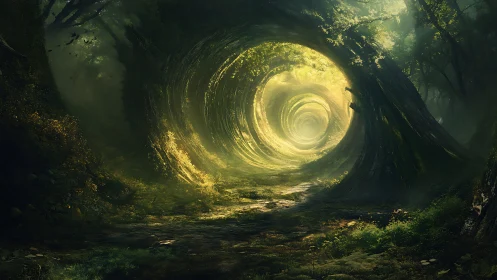 Luminous spiral passage through ancient forest. Portal.