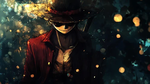 Straw-hatted shadow cuts through ember-lit ocean night