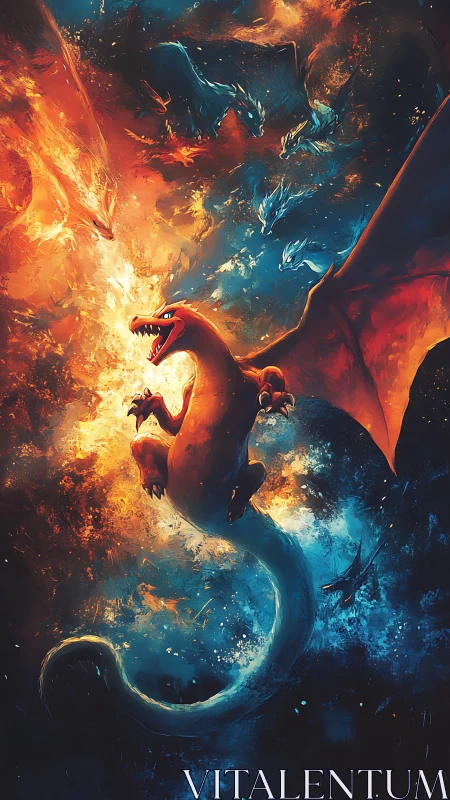 Fireborne dragon dives between twin storms of flame and ice