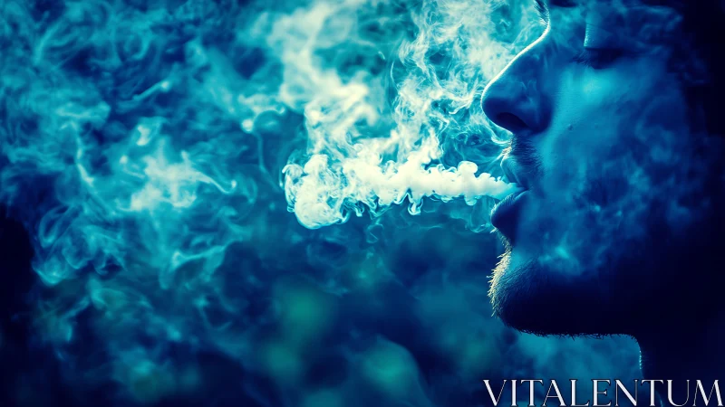 Electric blue profile exhaling thick swirling smoke clouds.