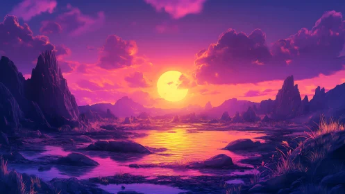 Dreamy violet sunrise over a tranquil fantasy shoreline.