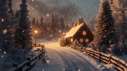 Snow-covered cabin on forest road with winter illumination.