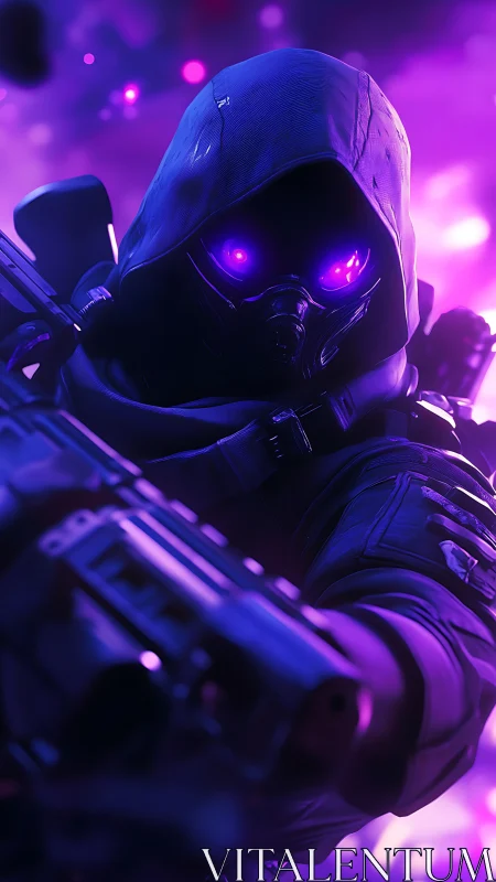 Hooded armed figure in neon purple sci fi environment.