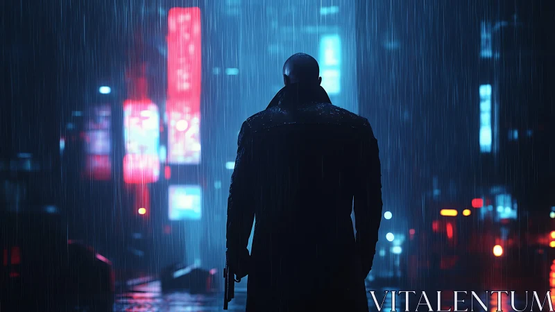 Night walker stands steady in a neon soaked city storm