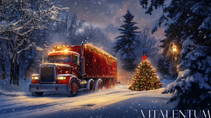 Festive red truck gliding past a glowing winter tree.