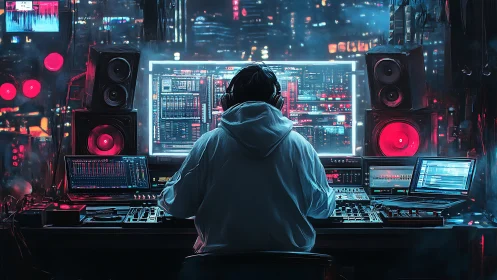 Hooded operator at multi-screen audio workstation at night.