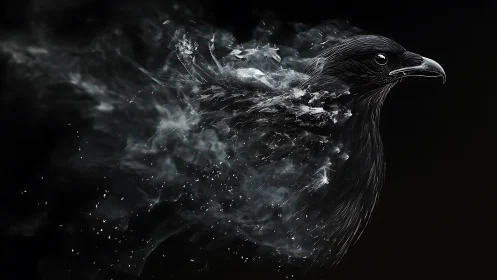 Digital side profile of dissolving crow on black background.