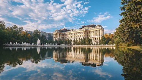 Lakeside palace glows in autumn light and mirrorlike reflections.