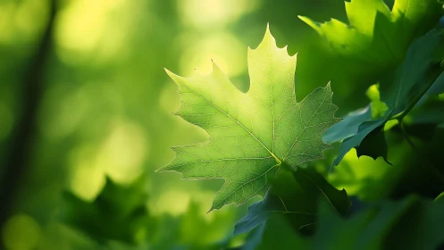Backlit maple leaf glows against soft green bokeh.