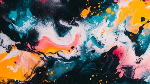 Cosmic paintstorm dances in teal, coral, and solar gold.